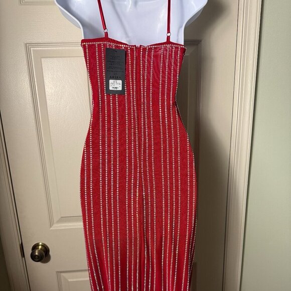 Akira Late Night Look Midi Rhinestone Mesh Dress - Red (XS) Brand New With Tags - Picture 5 of 11
